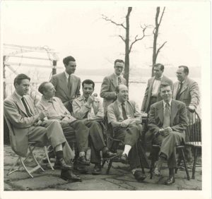 Left to right: Gerhard Samuel, Donald Fuller, Arthur Berger, Jerome Moross; seated: Leon Kirchner, Aaron Copland, Israel Citkowitz, David Diamond, Elliot Carter; Palisades, New York; 1949