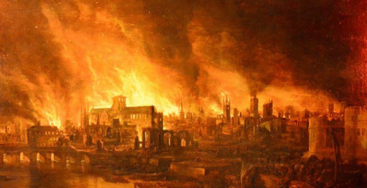 The Great Fire: The City of London burns, as seen from the Thames