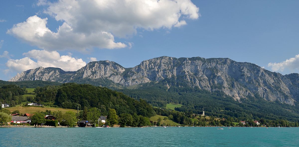 The Höllengebirge mountain range as seen from a boat on Lake Atter