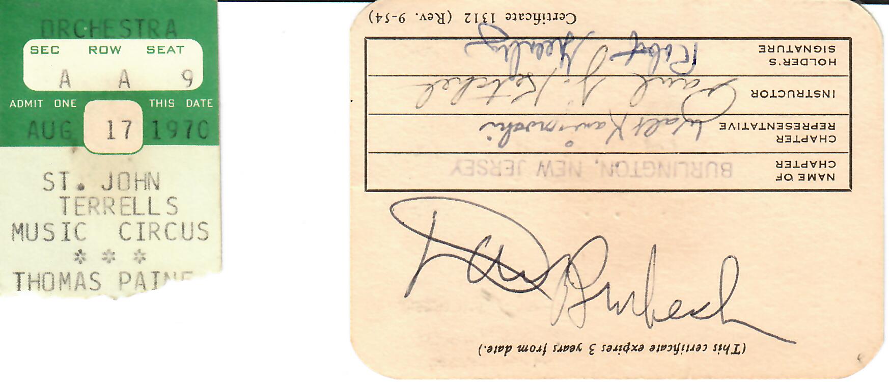 My lifesaving card, back, with Brubeck’s autograph and my ticket stub from the concert