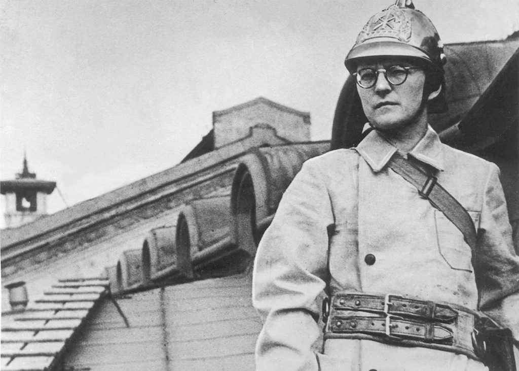 Dmitri Shostakovich (1906-1975) in his fireman’s garb, station on the roof of the Leningrad (St. Petersburg) Conservatory, 1941