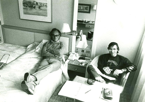 Carlos Saura (left) and Antonio Gades, writing Carmen while camped out in a hotel room, 1982