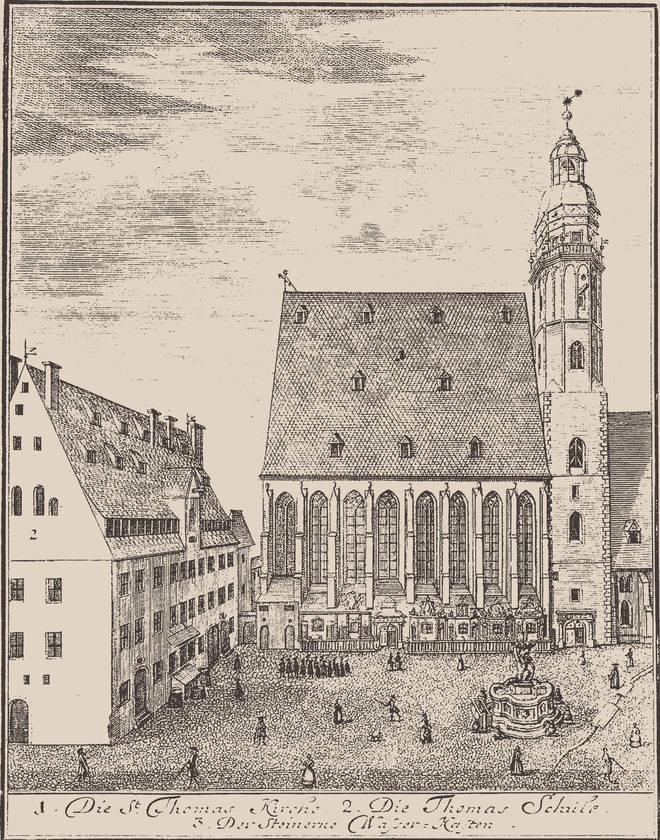 The St. Thomas Church (Thomaskirche) in 1723, the year Sebastian Bach was appointed Cantor; the St. Thomas School, where Bach taught, is on the left