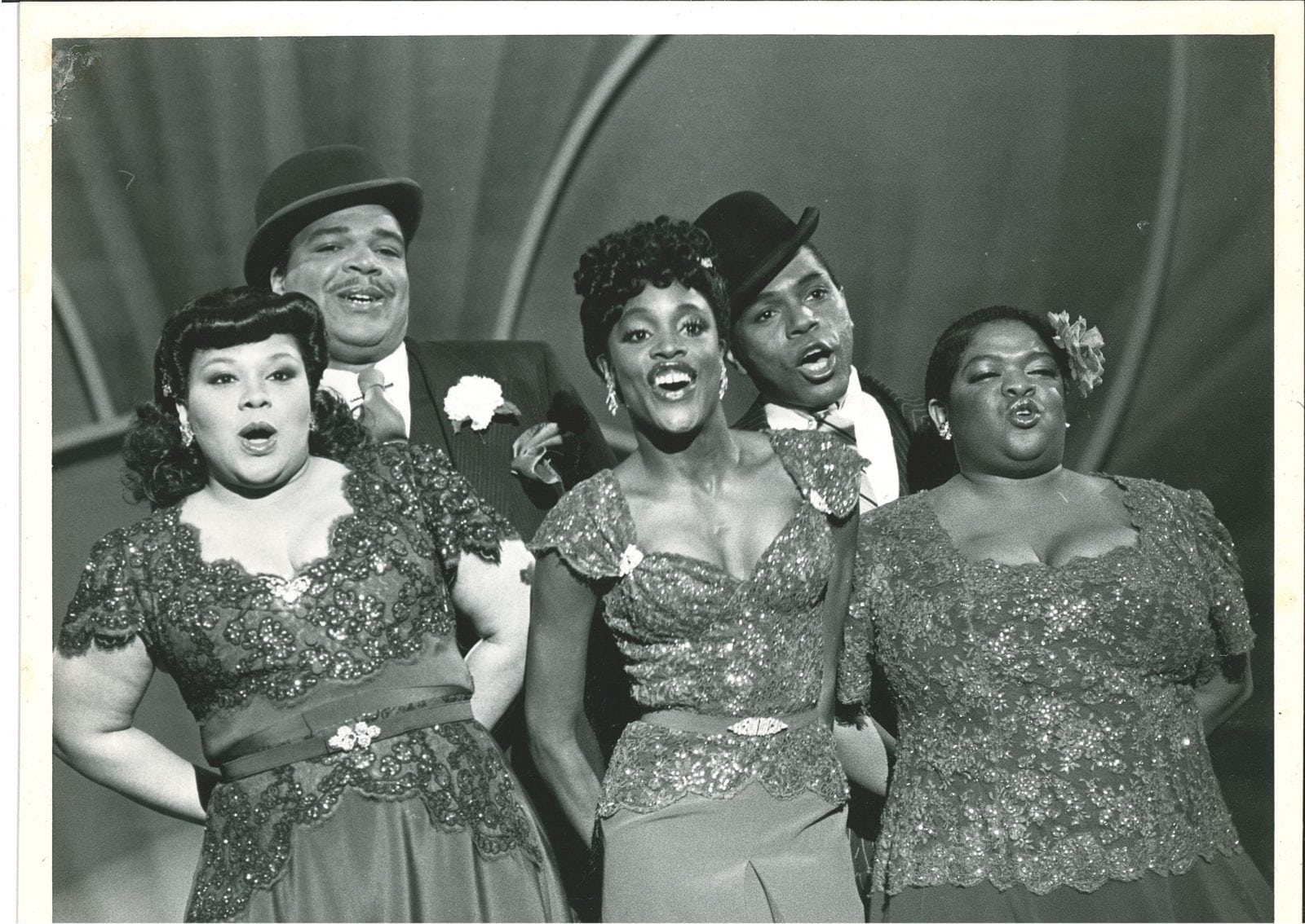 Ain’t Misbehavin’ original Broadway cast, left-to-right: Armelia McQueen, Ken Page, Charlaine Woodward, Andre DeShields, and Nell Carter