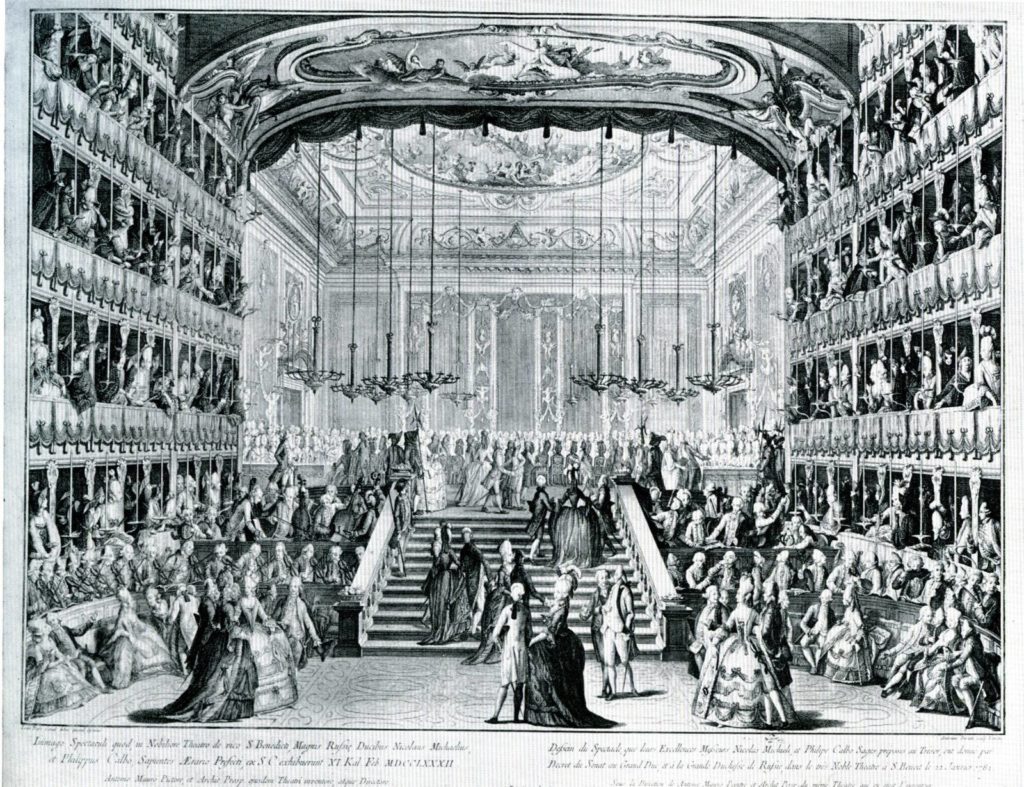 A gala dinner and ball being held at the rebuilt Teatro San Benedetto, February 1782