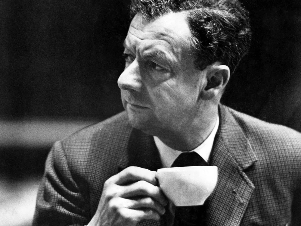 Benjamin Britten (1913-1976) taking tea during the rehearsals of his War Requiem at Coventry Cathedral, in Coventry, England, May 1962