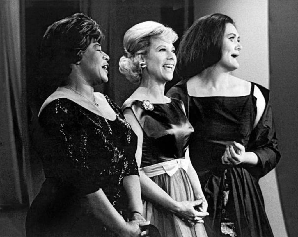 Ella Fitzgerald (1917-1996), Dinah Shore (1916-1994), and Joan Sutherland together on The Dinah Shore Chevy Show in 1963