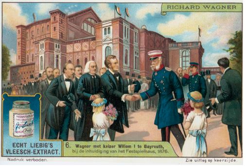 Advertising postcard picturing Wagner (with his father-in-law Franz Liszt directly behind him) greeting Kaiser Wilhelm I at the inaugural Bayreuth Festival in 1876