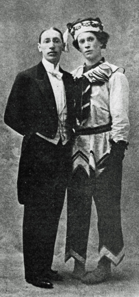 Igor Stravinsky (1882-1971) and Vaslav Nijinsky (1889-1950) in 1911; Nijinsky is costumed as Petrushka