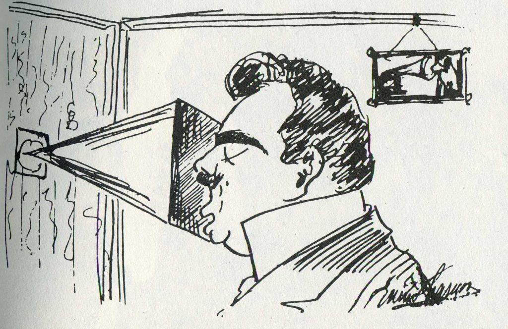 Self-caricature by Caruso himself, making his first records in a hotel room in Milan in April 1902; note the drawing of Nipper the dog listening to “his master’s voice” at the upper right, originally the logo of Emile Berliner’s The Gramophone Company