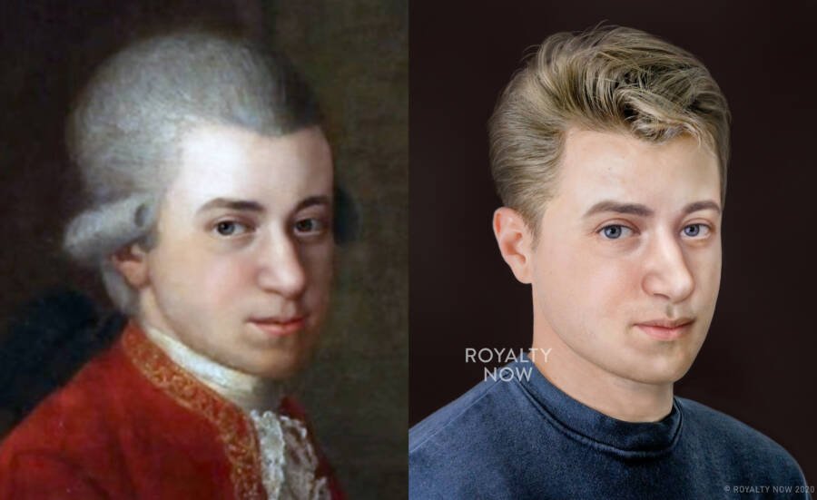 Left: the 24-year-old Mozart in Salzburg, 1780; the 24-year-old Mozart in Cupertino, California, 2023 (rendered image of Mozart in modern day)